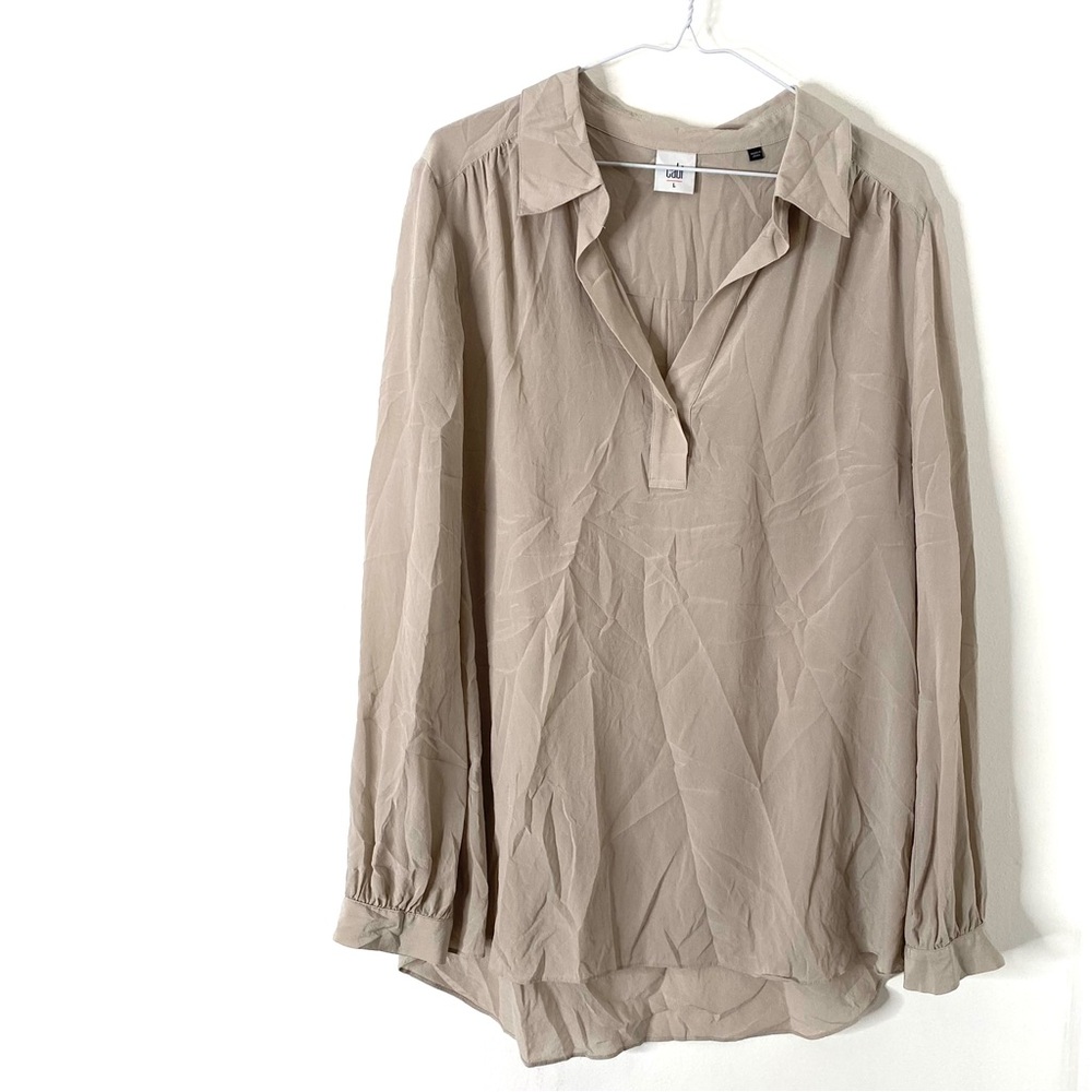 CABI Neutral Grey Silk Long Sleeve Split Neck Blouse Curved Hem Button Cuffs